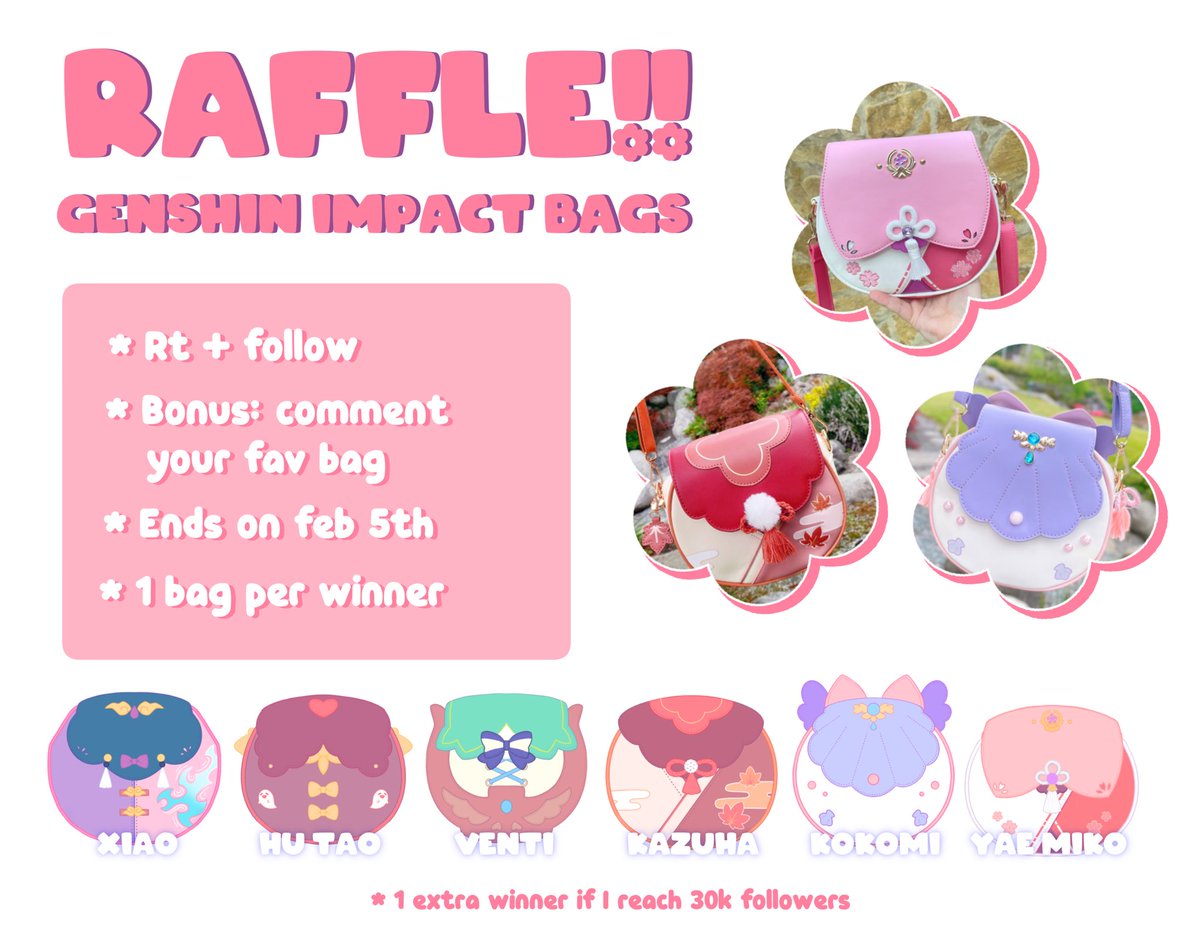 💫 GIVEAWAY 💫 Genshin impact bags! ✦ RT + FOLLOW (no qrt please) ✦ Comment your favorite bag ✦ International shipping ✦ ONE WINNER (1 bag) ✦ +1 winner (1 bag) if I reach 30k followers! Thank you so much for your support! good luck!