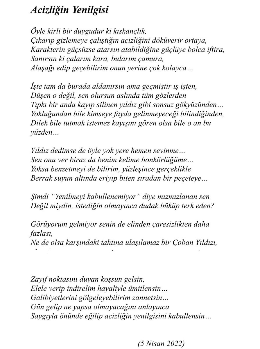 @HakanHatipoglu @acunilicali @NAGiHANKARADERE hakkında konuşurken haksız olduğunu söyleyebilseydiniz keşke! Bu şiirimi #SurvivorAllStar2022 ‘de Nagihan’ın eşsiz başarısına gölge düşürmeye çalışanlar için yazmıştım. Bazı şiirler zamansızdır, ne zaman okusan, o zamana uyar derler ya bu şiir de öyl