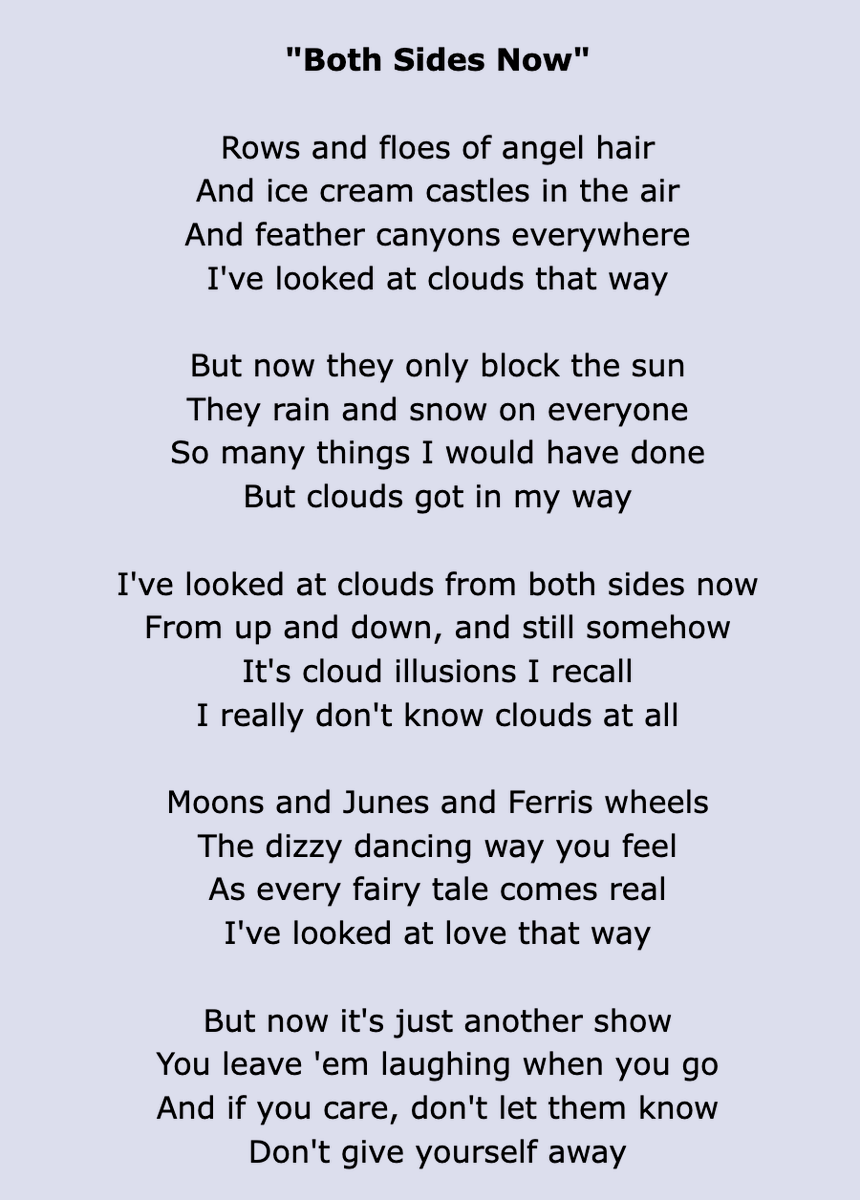 MrBoothY6's tweet photo. I, like others, love to use song lyrics occasionally in a reading lesson in the way you might use a poem. There's some ideas out there for songs like Fast Car, but many songs have expletives. Here's some you could use across KS2, starting at Y6

Joni Mitchell - Both Sides Now. https://t.co/nOiD4Tc8HD