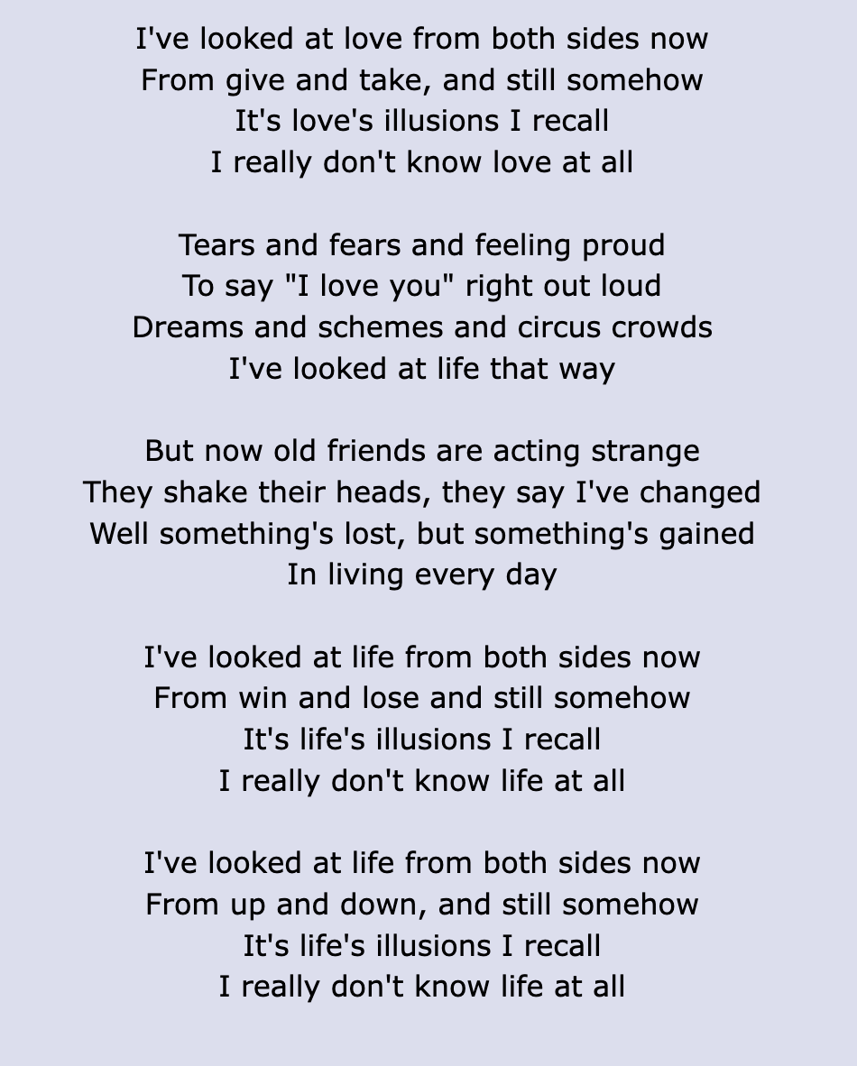 MrBoothY6's tweet photo. I, like others, love to use song lyrics occasionally in a reading lesson in the way you might use a poem. There's some ideas out there for songs like Fast Car, but many songs have expletives. Here's some you could use across KS2, starting at Y6

Joni Mitchell - Both Sides Now. https://t.co/nOiD4Tc8HD