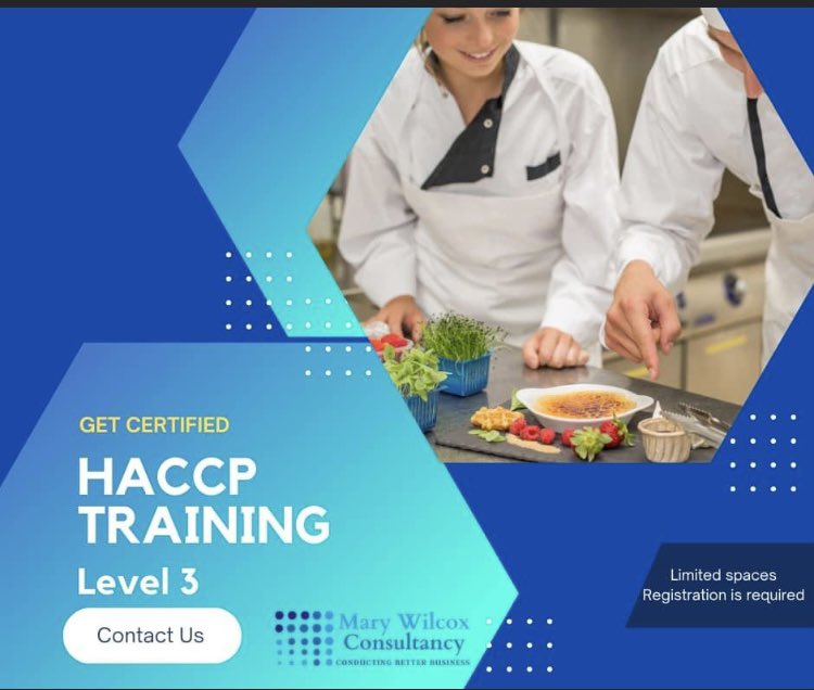 HACCP Level 3 
Chefs,food and beverage managers
Our next HACCP Level 3 training will run on January 24th this is a day course and on line. Contact Mary 087 2880849 #haccp #haccptraining #haccpcertified #foodsafety #cafe #hotels #foodproduction