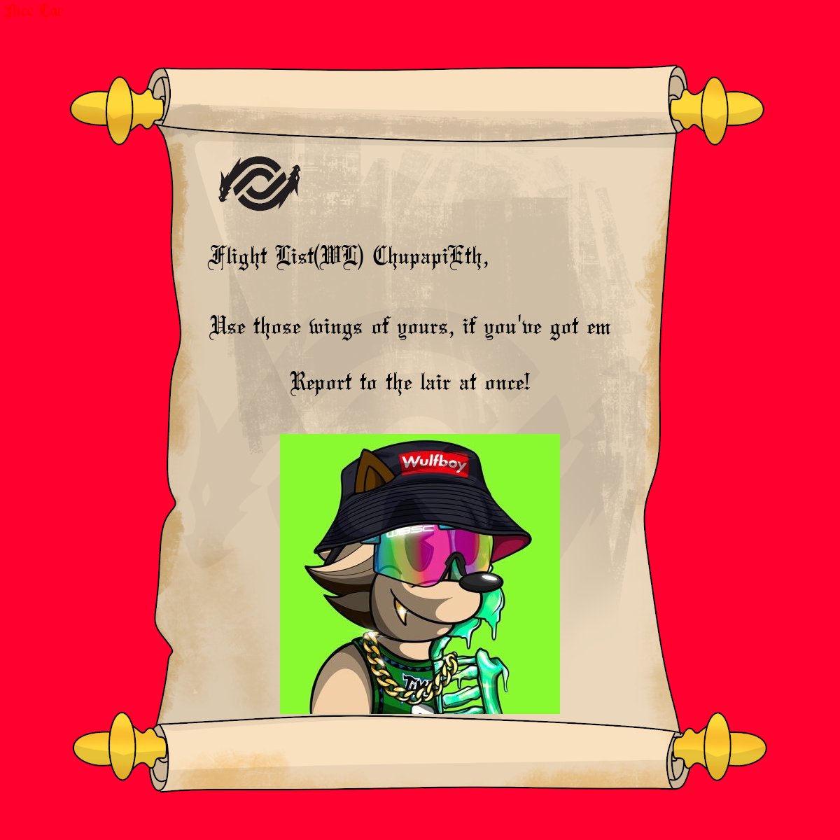 ScalersTC's tweet photo. Oyez, Oyez, Oyez! ChupapiEth hast been chosen for the Flight List! The lair yearns for thy presence https://t.co/TgX5dsKLze
