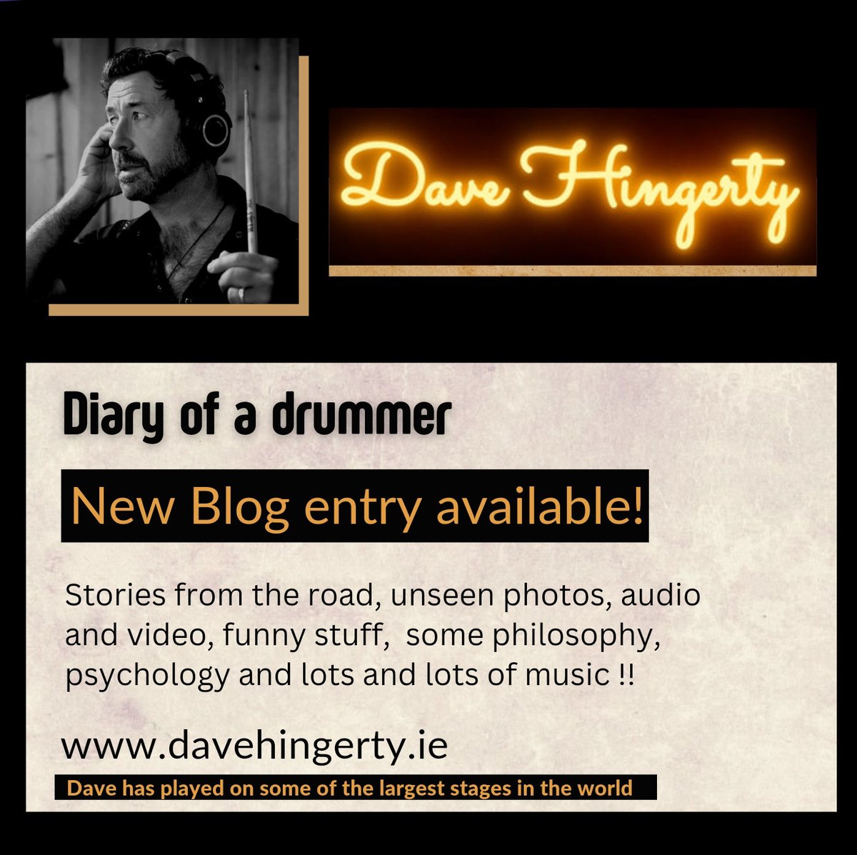 Check out Dave Hingerty's Blog (The Frames, Kila).

Stories from the road, unseen photos etc.

davehingerty.ie

#musician #drummer #drummerlife #musicblogs #drummerblog #drums #Blogs #drum #kila #theframes #side4collective #drummerforhire
