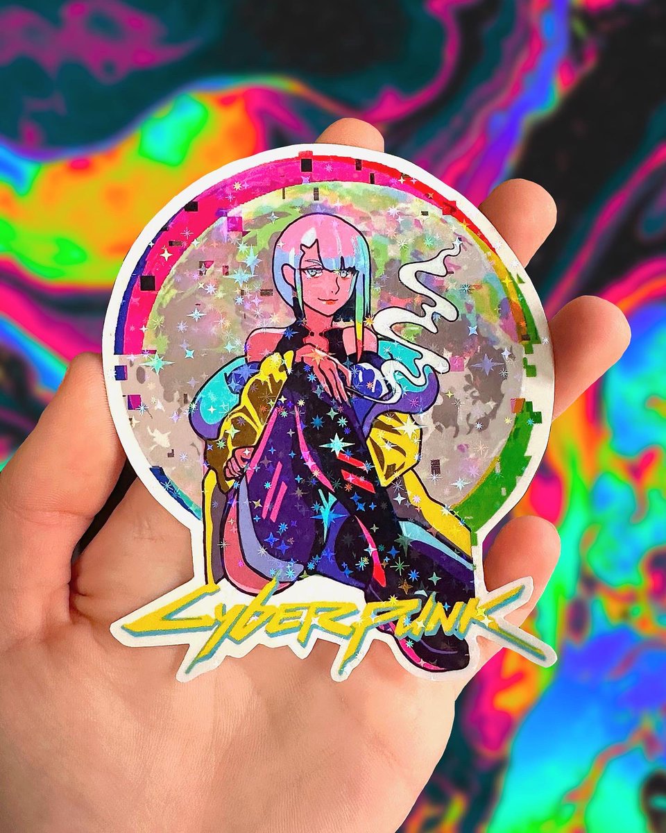 This patch shop now sells stickers! 🥂🌈🌟
#Cyberpunk and #Calcifer holographic stickers are now available <a href="/strawbsnob/">strawbs 🍓</a> !

Click here ✨
🌟 etsy.me/3QLsvRc 🌟