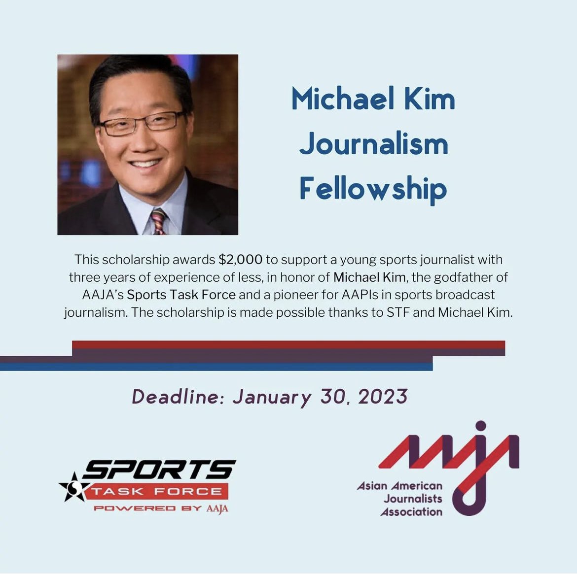 AAJAsports's tweet photo. FINANCIAL AID for BOTH current students and early-career sports journalists!! ✨

Deadline February 3 for all three opportunities!! @aaja @michaelkimHD @bigalyoung 

Apply here 👉 https://t.co/GGecVyFpQ5

#AAJA #financialaid #AAPI #sportsjournalism https://t.co/WimoHwJcPn