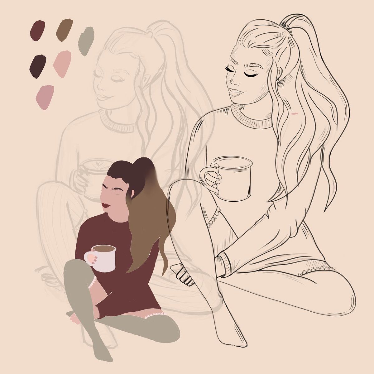 For my first post of 2023 I thought I’d join in with #moodboardtimewithkaroline2023 🧡🤎💚 Her super cozy &amp; warm January mood board inspired me to draw this!