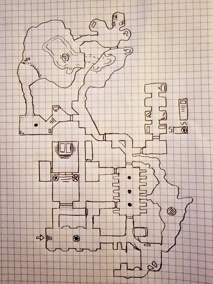 skrivekrampe's tweet image. Sketch of a dungeon. Emerald Sanctum of the Afflicted Prophet.
No idea yet what to put in it 😮 or who the Afflicted Prophet is. Or why tge sanctum is build of/with emerald 🤷‍♀️

#ttrpg #map #dungeonmap #ttrpgmap