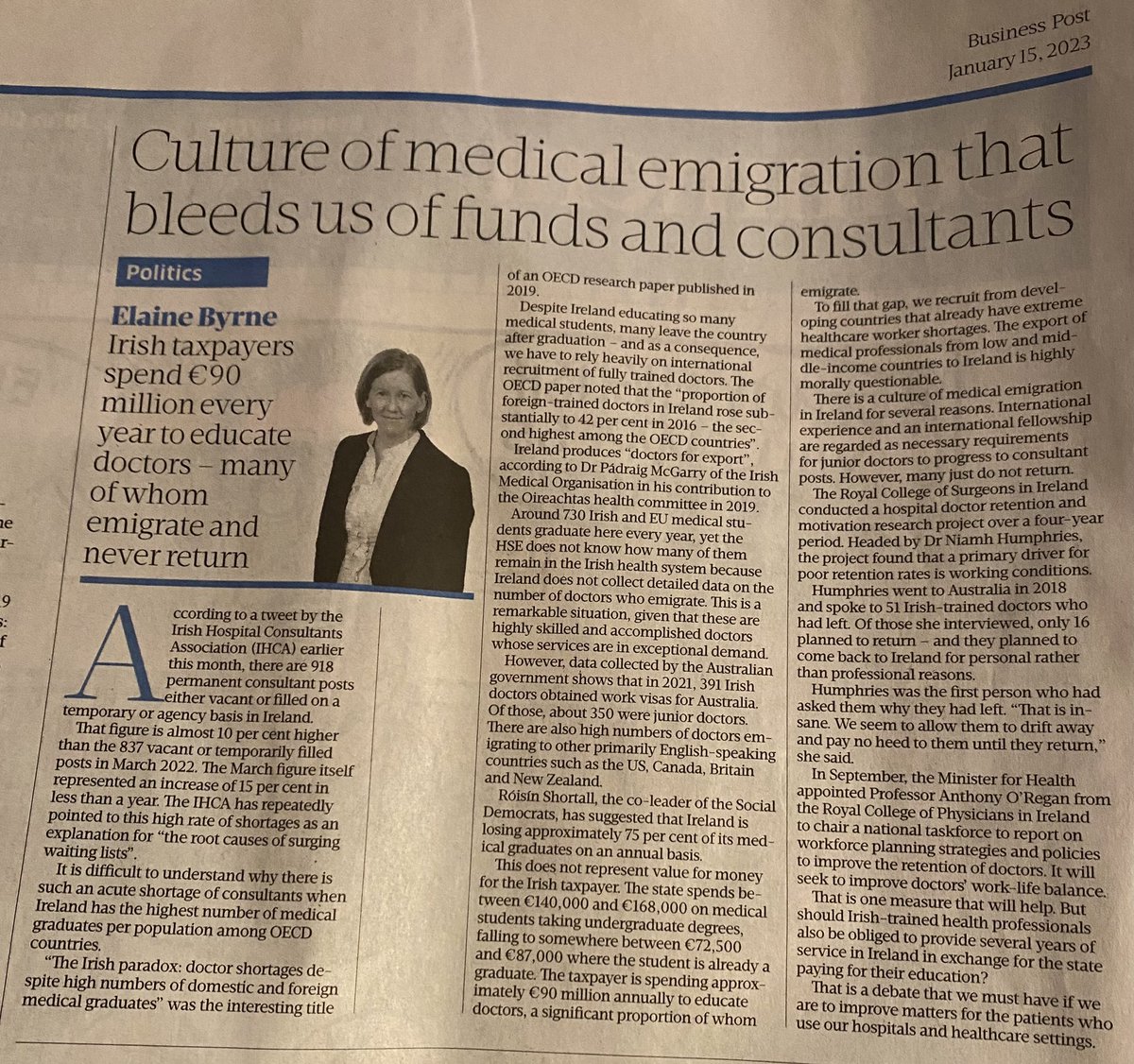 Great to see <a href="/HDRM_Project/">Hospital Doctor Retention and Motivation Project</a> findings in <a href="/businessposthq/">Business Post</a> <a href="/ElaineByrne/">Elaine Byrne</a> today. I agree that IRL faces a #DrRetention crisis. I don’t agree that an emigration ban is the solution. Improving the working conditions of hospital doctors is the only way to encourage retention or return!