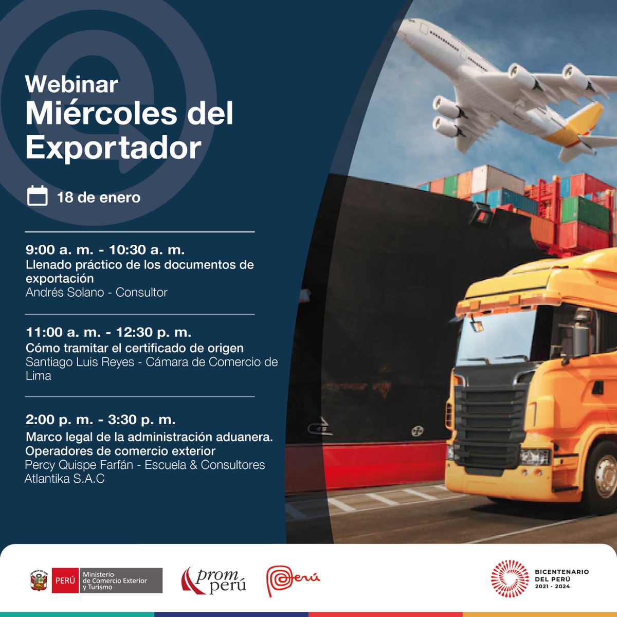 Promperu's tweet photo. ¡Sigamos fortaleciendo nuestra capacidad exportadora! 💻🙌
Acompáñanos en el primer seminario online #MiércolesDelExportador del año. 
Regístrate SIN COSTO aquí 👉 https://t.co/WoUQ87usBk
#PROMPERÚ https://t.co/uz5pBZtJIp