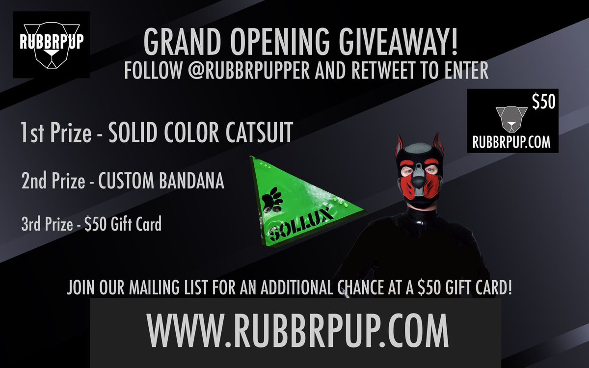 RUBBRPUP is officially OPEN!!!! To celebrate, we are hosting a MASSIVE giveaway! Follow @RubbrPupper and retweet to participate. Ends in 1 week. Winners must DM within 24 hrs of drawing.

🧑‍💻: RUBBRPUP.com

🥇: Solid color catsuit

🥈: Custom bandana

🥉: $50 gift card