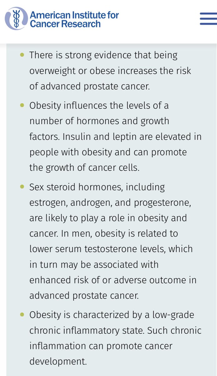 ‘There is strong evidence that being #overweight or #obese increases the risk of advanced #ProstateCancer.
- American Institute for Cancer Research
<a href="/aicrtweets/">American Institute for Cancer Research</a> @DMG_AICR @DrBrockton_AICR 
Read more: aicr.org/cancer-surviva…