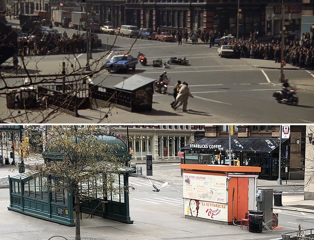 nycinfilm's tweet photo. 1974 vs 2022. From THE TAKING OF PELHAM ONE TWO THREE, a police car is about to crash at Astor Place in Manhattan. Note the crowd of spectators in the background watching the stunt. #MovieLocations #heistfilms https://t.co/gtuFReCX9j