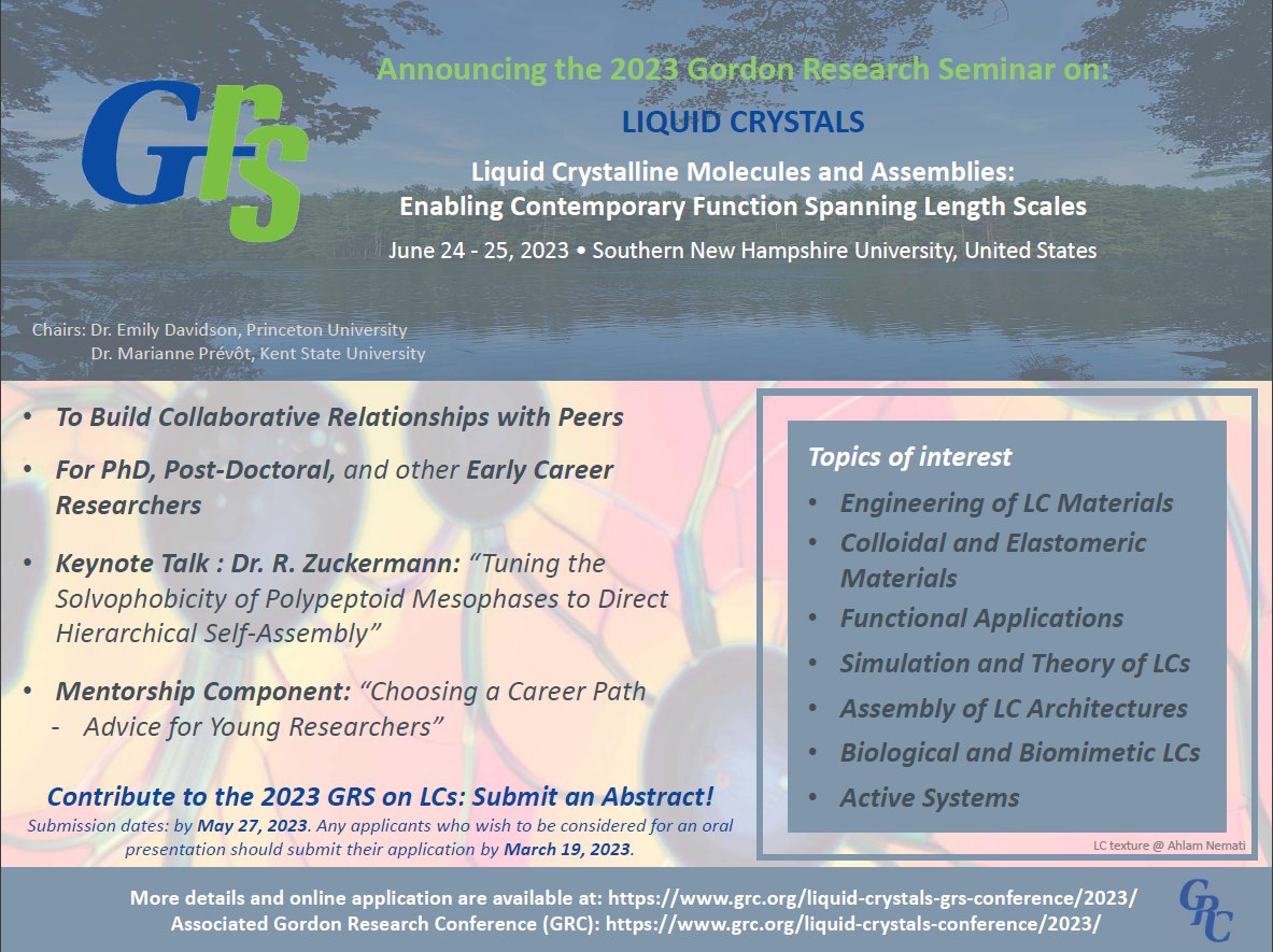 Summer 2023 the Liquid Crystals GRS (and GRC) on Liquid Crystals are finally being held again! Graduate students, postdocs, and other researchers in the Liquid Crystal sciences, I hope you can join us! Abstract submission here: grc.org/liquid-crystal…
