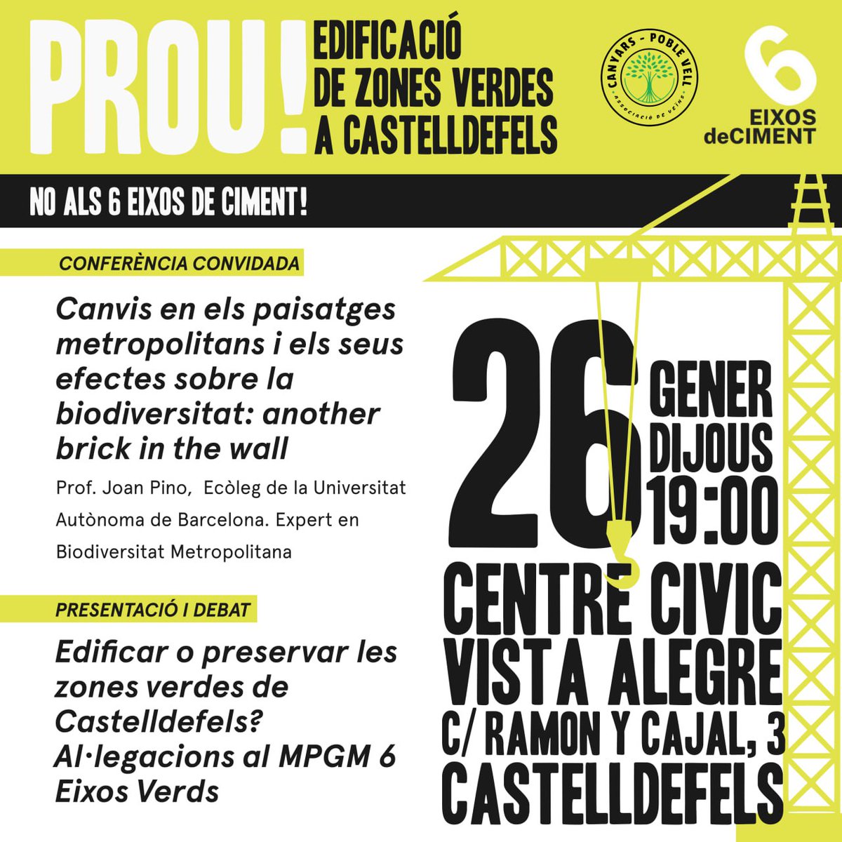 6eixosdeciment's tweet photo. 🏫 15 de setembre 2022: presentació del projecte i procès participatiu de “#RespensemCastelldefels”, sense explicar res del MPGM (6Eixos Verds).
Implicació de construcció 🏗 blocs de pisos en moltes zones verdes.
🆘 Destrucció i un impacte sobre la biodiversitat🌳#ProuCiment https://t.co/o8OoCMx0Jr