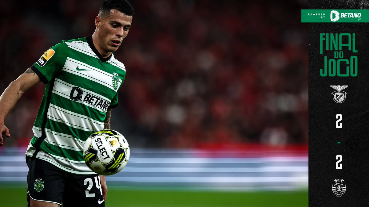 ⏹️ FINAL DO JOGO:

O jogo termina na Luz, com um empate a duas bolas.

⚽️ Auto-golo e Pedro Gonçalves.
#SLBSCP #LigaPortugal #DiaDeSporting