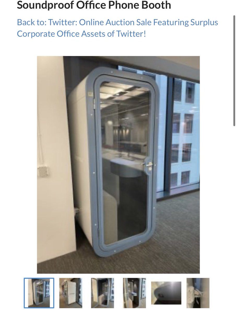 Patri0tCx_'s tweet photo. Twitter HQ in San Francisco is auctioning furniture, electronics, industrial kitchen appliances and others including soundproof office phone booths. #twitterSF
https://t.co/oz8LeNqBlL https://t.co/8PWRi0oyfd