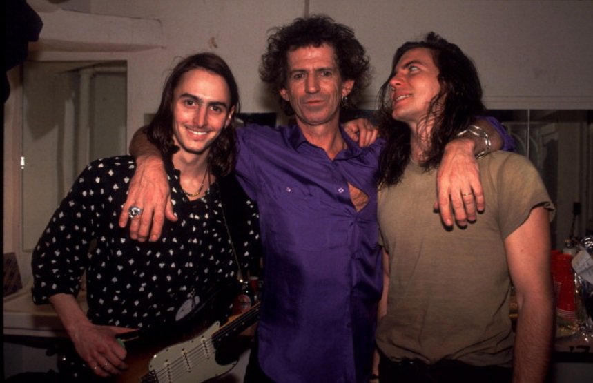 Keith Richards backstage with Mike McCready &amp; Eddie Vedder in New York, 1992. Photo by Paul Natkin.