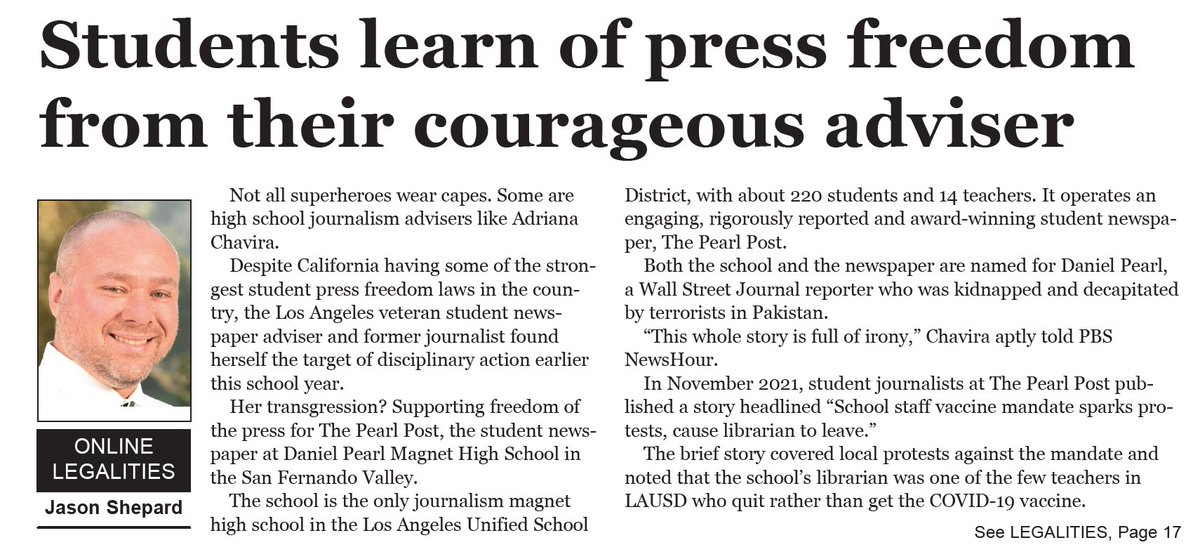 jasonmshepard's tweet photo. "Not all superheroes wear capes. Some are high school journalism advisers like Adriana Chavira."

My latest "Online Legalities" column for @CNPAservices ->  Students learn of press freedom from their courageous adviser https://t.co/houSzFRGZ7 https://t.co/T2mCg7CKtY
