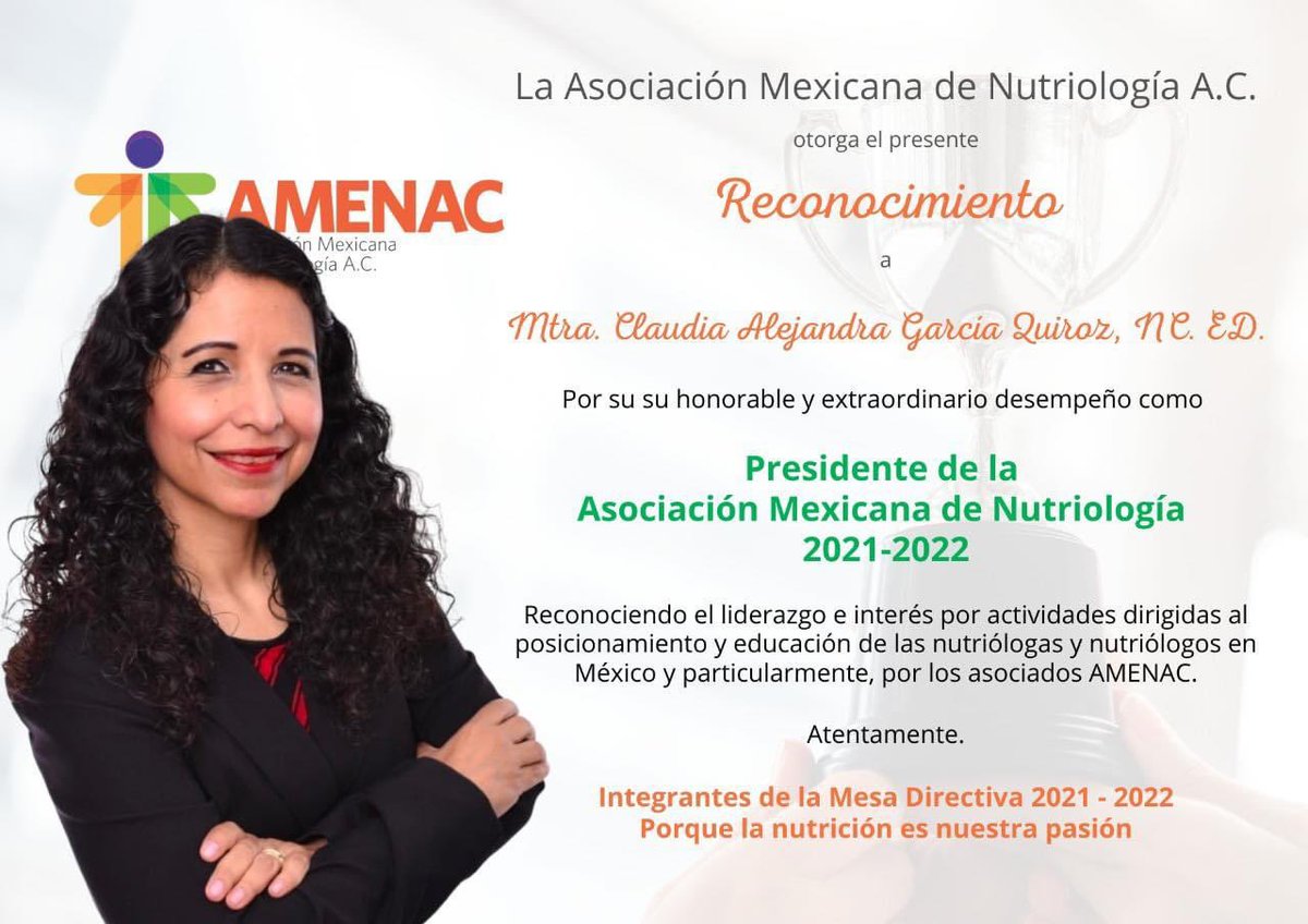 Nuestro sincero reconocimiento a la presidente saliente Mtra. Claudia Alejandra García Quiroz, NC, ED., de parte de su equipo de trabajo. 

¡Muchas gracias Ale! 🤲🏻🧡💚 <a href="/NutriAle_Coach/">🇲🇽 Alejandra García-Quiroz</a>