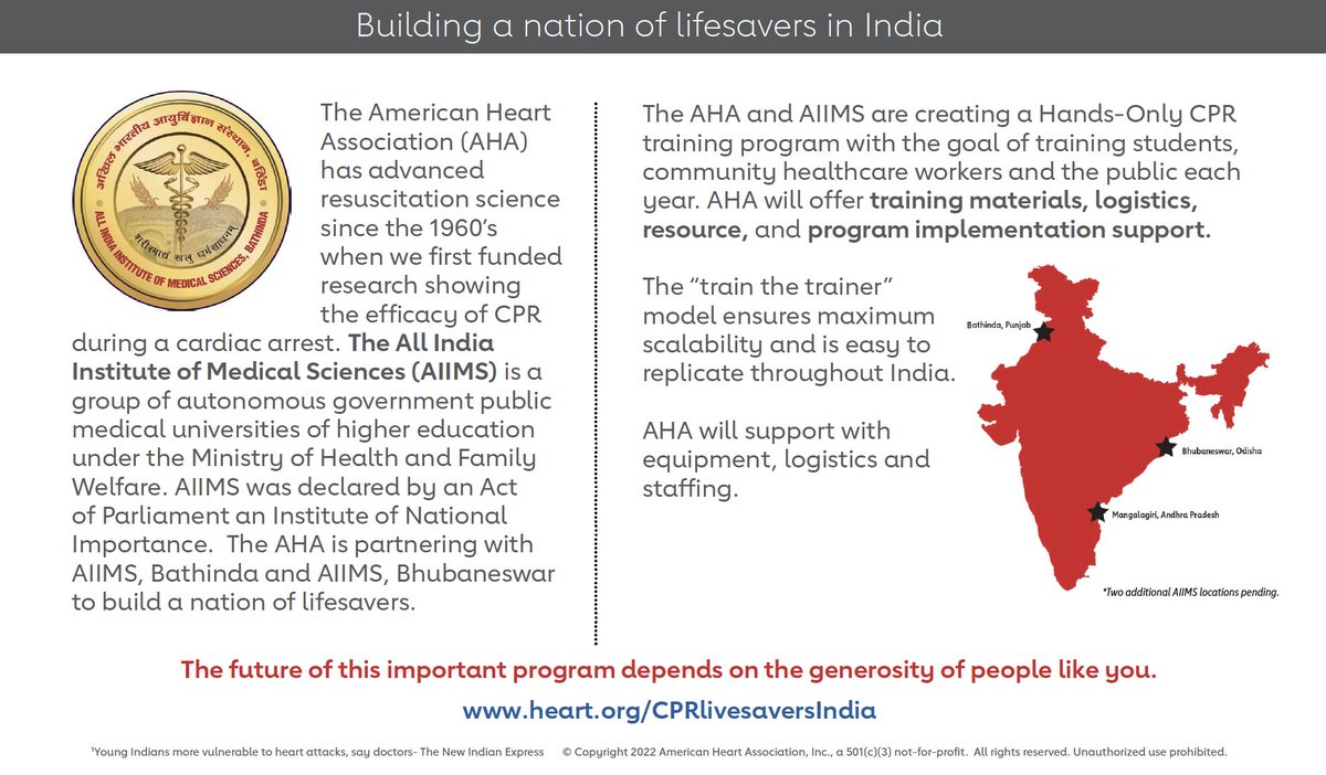 Dr. Laxmi Mehta (@drlaxmimehta) on Twitter photo There is a critical need for community CPR education in India. <a href="/American_Heart/">American Heart Association</a> is partnering with All India
Institute of Medical Sciences to build a nation of lifesavers in India. #CPRsavesLives
To learn more and support this important cause please visit bit.ly/3IREx9I There is a critical need for community CPR education in India. <a href="/American_Heart/">American Heart Association</a> is partnering with All India
Institute of Medical Sciences to build a nation of lifesavers in India. #CPRsavesLives
To learn more and support this important cause please visit bit.ly/3IREx9I