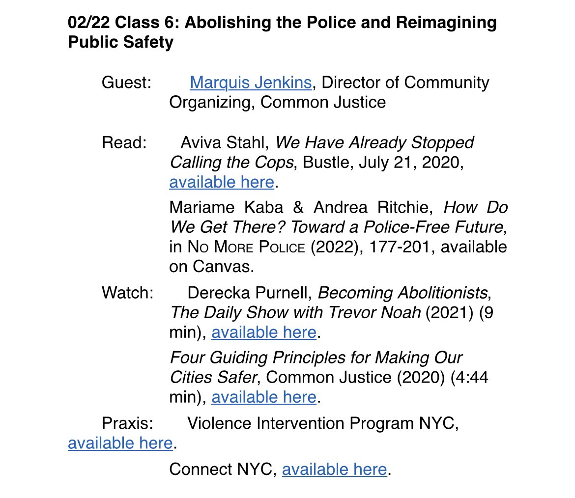 Thrilled to teach Abolition: Imagining a Decarceral Future @BrooklynLaw this spring. 

We’ll be learning from #AngelaDavis @ReznikRafi @rwgilmoregirls #ParoleJusticeNY @forfreedoms @b_hasbrouck @Common_Justice @prisonculture @dreanyc123 #DereckaPurnell @danberger