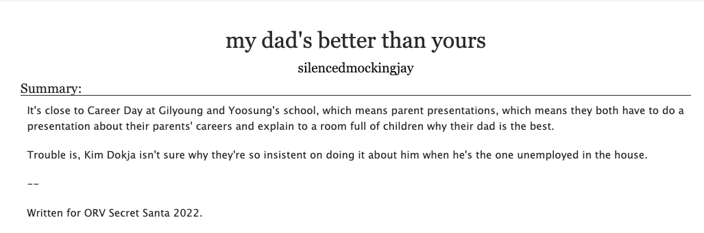 silencedhawks's tweet photo. my dad's better than yours // ch1/2

my (INCREDIBLY LATE) submission for #orvss2022! @ilovedlix, i hope you enjoy this fluff modern family au for joongdok as well as assorted LGY and SYS shenanigans! 
#ORV #joongdok 
Link will be in the thread below 🧵 https://t.co/olypye6mwW