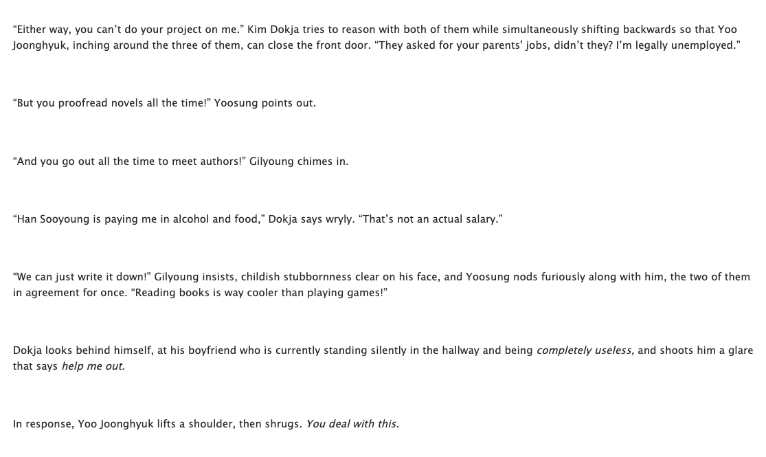 silencedhawks's tweet photo. my dad's better than yours // ch1/2

my (INCREDIBLY LATE) submission for #orvss2022! @ilovedlix, i hope you enjoy this fluff modern family au for joongdok as well as assorted LGY and SYS shenanigans! 
#ORV #joongdok 
Link will be in the thread below 🧵 https://t.co/olypye6mwW