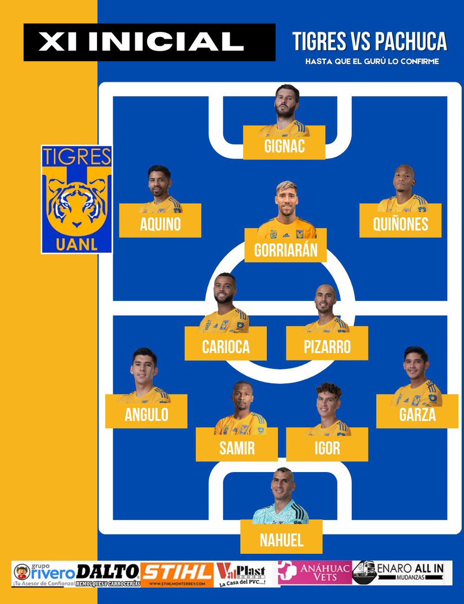 VisionTigre's tweet photo. 📷: @Pellomaldonado 
Este es el XI con el que saldrá Tigres el día de hoy, Aquino después de mucho tiempo regresa a su posición como hace algunos años, Samir regresa al XI. https://t.co/fPU9TGXefz