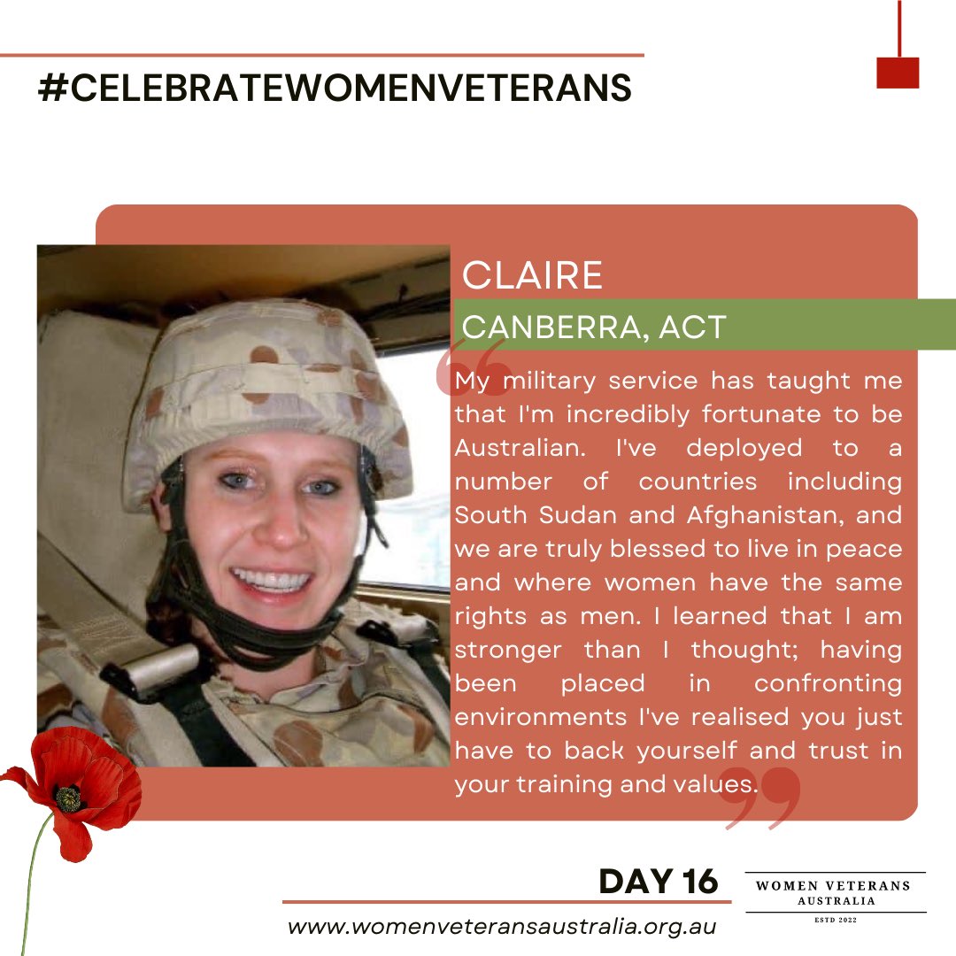 LyndsayFreeman8's tweet photo. A #CelebrateWomenVeterans profile from our Women Veterans Australia’s Board Member, @clairelpearson. Wise and inspiring reflections on her #YourADF service 👏🏼 

Calling all current &amp; ex-ADF women veterans to submit their profiles here 👇🏼
https://t.co/laO8dOU43w https://t.co/2oRRwp2qwz