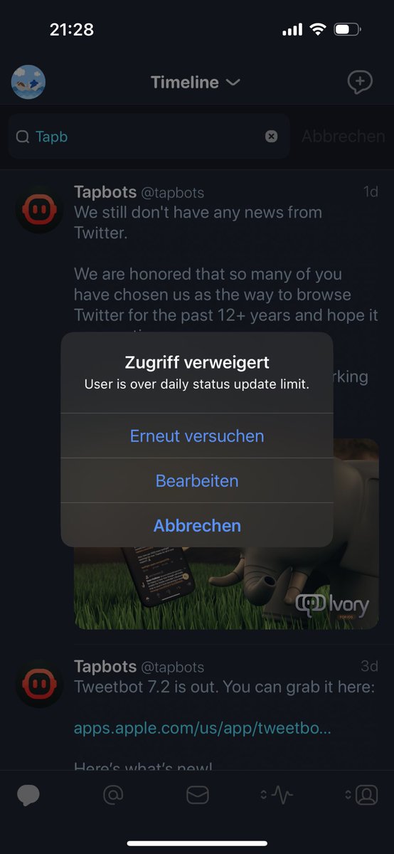 Meepleschubser's tweet photo. .@tweetbot @tapbots read access with tweetbot. But get this message on tweet. https://t.co/HSyunfbsqs