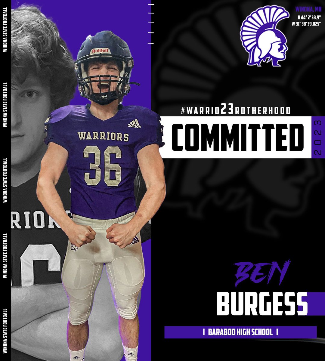 BenBrgs's tweet photo. I’m excited to announce my commitment to @WinonaState_FB!!
Thank you @Coach_Bergy @Coach_Spencer11 @Max_Race for this amazing opportunity and I am excited for next years!! 💜🤍🖤 https://t.co/iZqmw4i5Ok