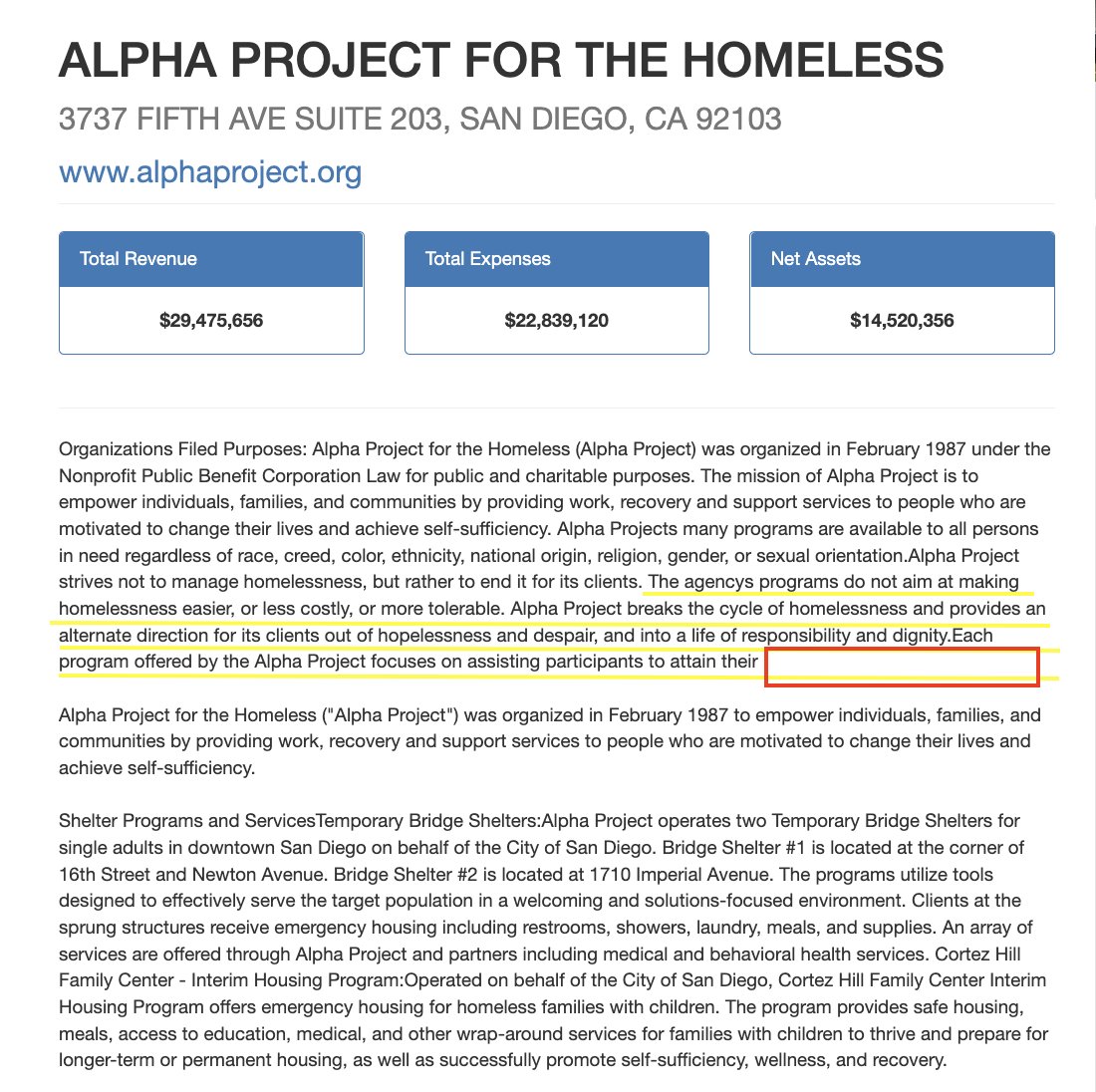 LoriSaldanaSD's tweet photo. @davidpeery @jamesstout It's in their Mission Statement: #AlphaProjectSD does "not aim at making #homelessness easier, or less costly, or more tolerable" 
They actively make people's lives harder, more expensive &amp;intolerable: 
No humane inclement weather facilities
Kick people out without any food/drink https://t.co/EidovWkGHZ