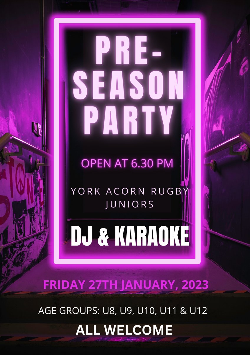 📢Pre Season Party 🏉🎉Parents and Team bonding, bring your kids down, meet the other parents on your team - before you stand on the sidelines! 🎉🏉 🌟All welcome u8,9,10,11 & 12s!! Bring along your Siblings too! 🌟🎤🎊🎉 ⏰6.30 Friday 27th January @yorkacorn