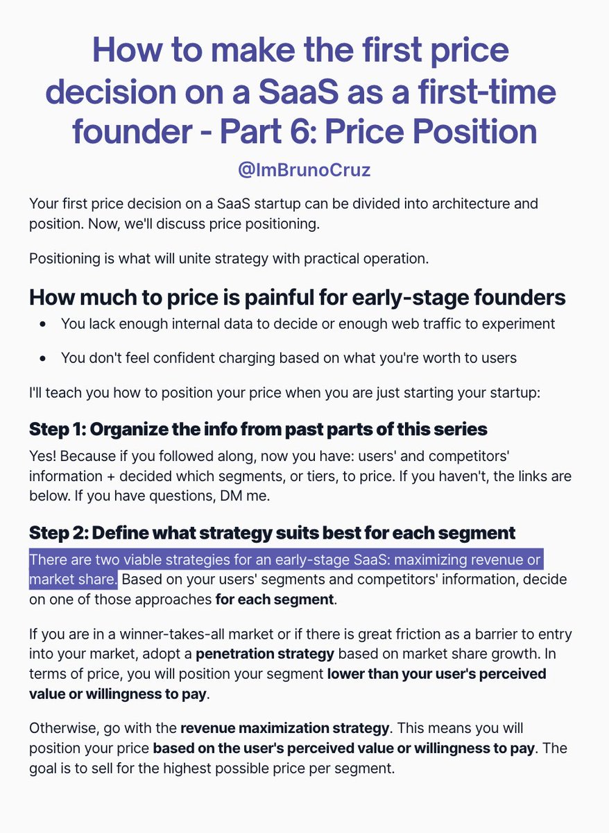 BrunoGCruz's tweet photo. How to make the first price decision on a SaaS as a first-time founder - Part 6: Price Position
Should you maximize for revenue our market share growth?
#Day9 #ship30for30 #pricing #saas #EarlyStage #FirstTimeFounder https://t.co/r1k6pRgCZD