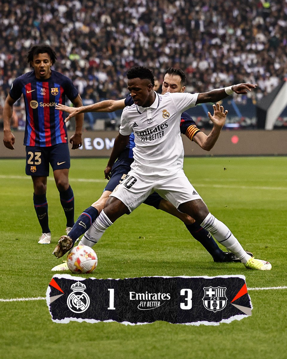 realmadrid's tweet image. 🏁 FP: @realmadrid 1-3 @FCBarcelona_es
⚽ @Benzema 90'+3'; Gavi 33', Lewandowski 45', Pedri 69'
#SuperSupercopa | #Emirates