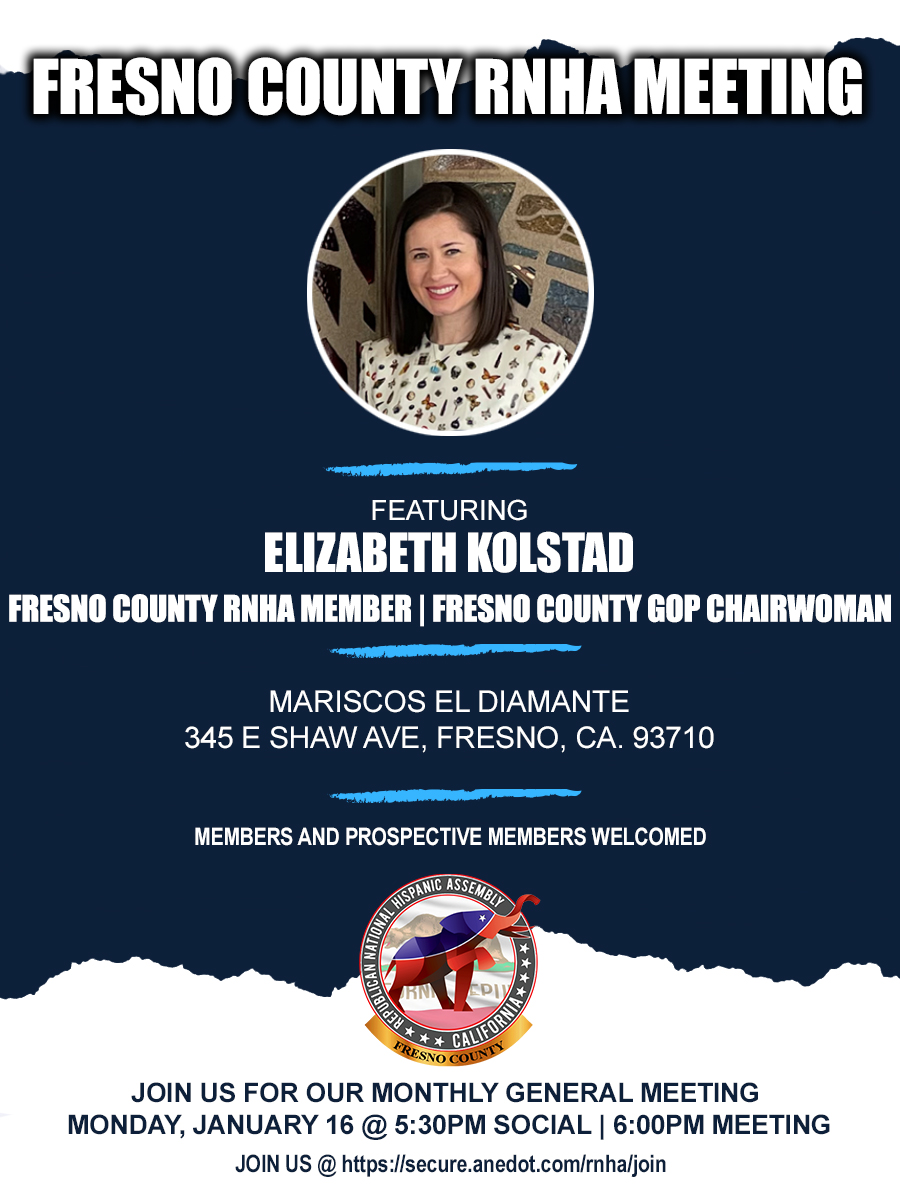 FresnoRNHA's tweet photo. Happy New Year! Please join us at our upcoming January 16 General Meeting to hear from our very own Fresno County Republican National Hispanic Assembly member Elizabeth Kolstad, newly elected @FresnoCountyGOP chairwoman.

We look forward to seeing you there! https://t.co/6XADEOeQYH