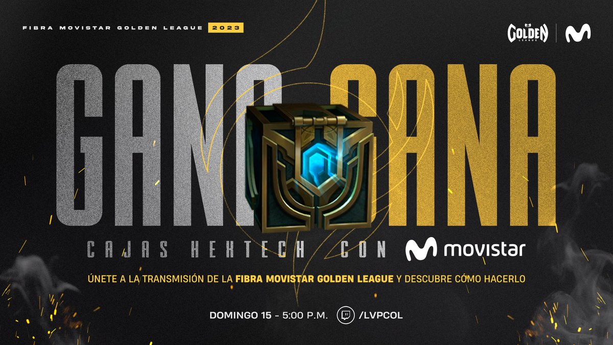 MovistarCo's tweet photo. Hoy es la apertura de la #FibraMovistarGolden League y no te la puedes perder.

Estaremos obsequiando Cajas Hextech durante la transmisión.

Participa en las trivias para llevártelas 🎮

Síguela en vivo desde las 5:00 p.m. 

🟥 https://t.co/NPBXtvr5N2
@LVPcol https://t.co/VmepYrTyT7