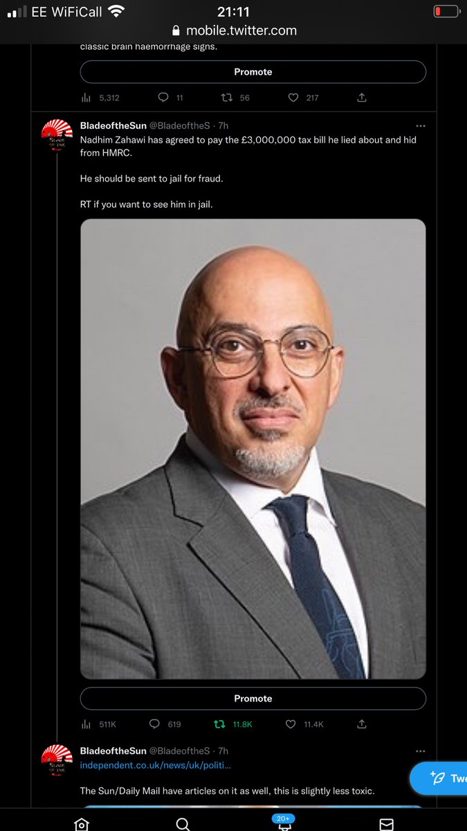 Not even 8 hours old and it has 11.8k Retweets.

Lots of people want to see Nadhim Zahawi’s corrupt fraudulent ass rotting in jail, he already tried to con the tax payer to heat his horses.

Now he tried to steal £3,000,000.

Do not pass go, do not heat your horses, go to JAIL.