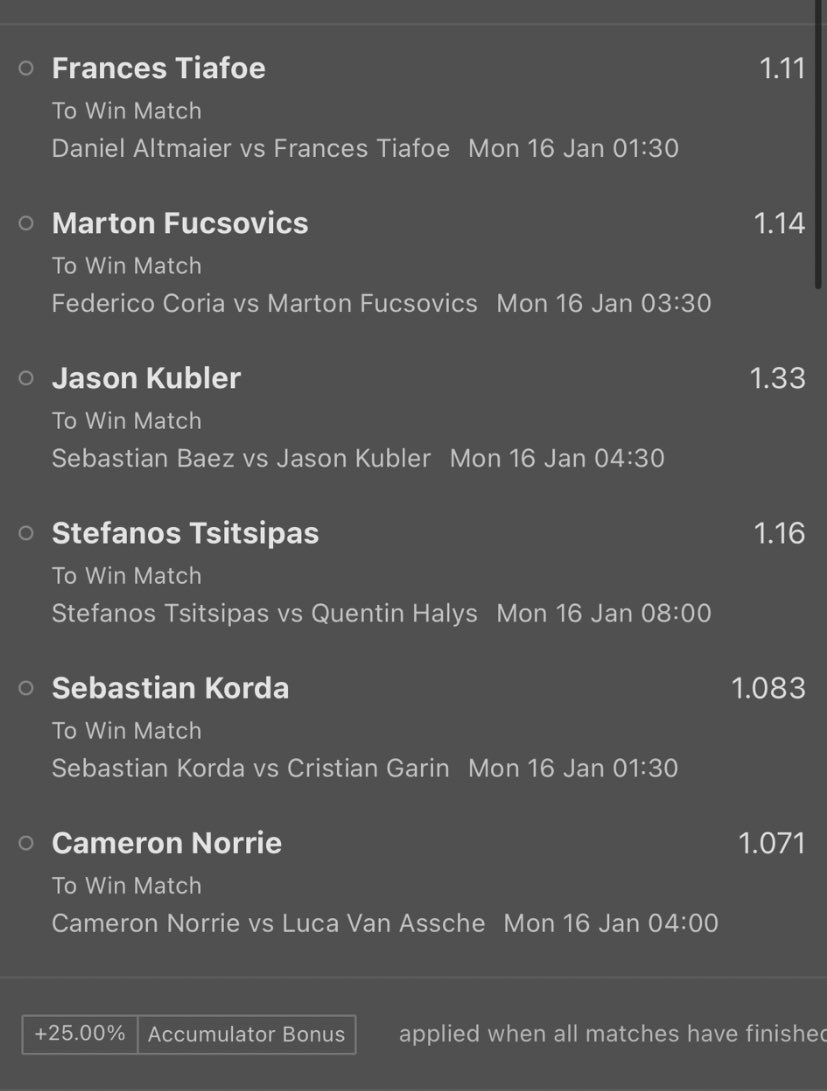 BetterWinnings's tweet image. Australian Open R1, Day 1 Bet 🎾 🇦🇺 

Stake: 3pts ⭐️⭐️⭐️
Odds: 2.62 (with 365 Acca Boost) 🎲 
Bookie: Bet365 📚 

01:30am start ⏰ 

Norrie &amp;amp; Korda have been added for the Bet 365 Acca boost. Don’t add them if you’re not playing with Bet 365 ⚠️