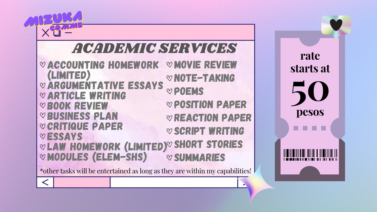 mizuka_comms's tweet photo. Hello commstwt! I am Mizuka, offering you budget-friendly but quality academic works! Just DM me if you need proof of credentials or for inquiries! Will get back to you as soon as I can, luv! ❣️✨

Check the thread below for samples and feedbacks! < 3 https://t.co/68bELkNsIk