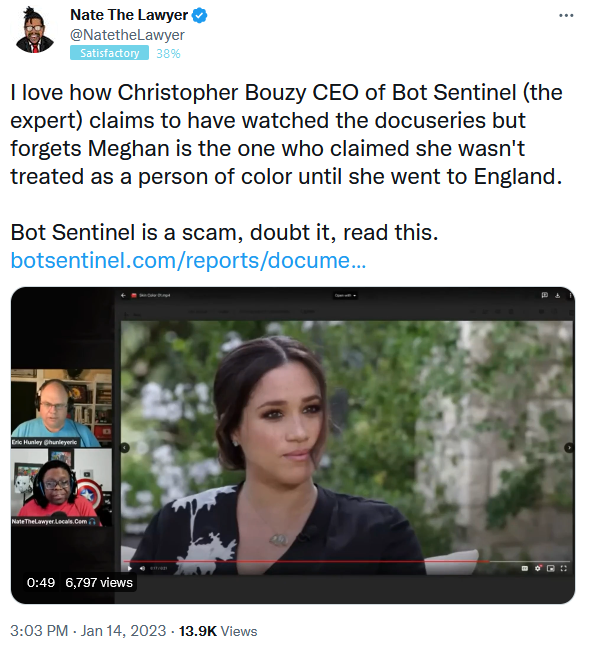 cbouzy's tweet photo. I am literally in the documentary, and besides Harry and Meghan, I was the only other person in both trailers. 

Nathaniel Broughty falsely claimed Meghan never lived a day of her life as a woman of color. That is a lie.

Stop lying on the internet and get a real job. https://t.co/ktbrNyKBfB