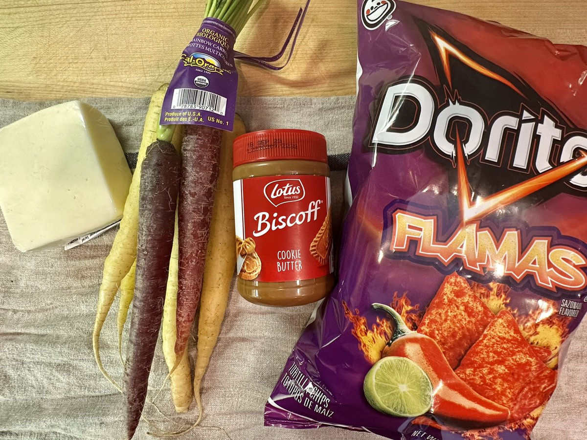 AndrewCooksLive's tweet photo. What would you make with paneer, rainbow carrots, biscoff spread &amp; Doritos? No, really, please tell me because I have no idea 😬 https://t.co/hx1fxYZS2D https://t.co/g06ELjZQZU