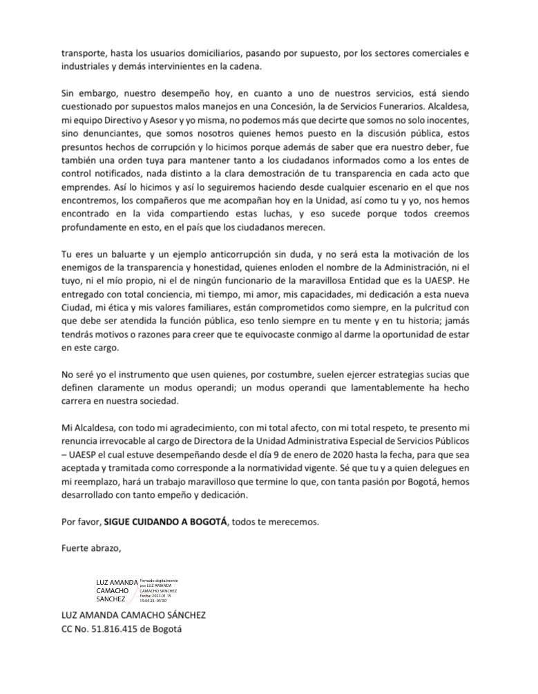 Uaesp's tweet photo. #Comunicado: La directora de la @UAESP, Luz Amanda Camacho Sánchez (@camachito07), presentó su renuncia irrevocable a la entidad a partir de la fecha.

Adjuntamos la carta presentada a la Alcaldesa Mayor, @ClaudiaLopez. https://t.co/ucKrx9OaHV