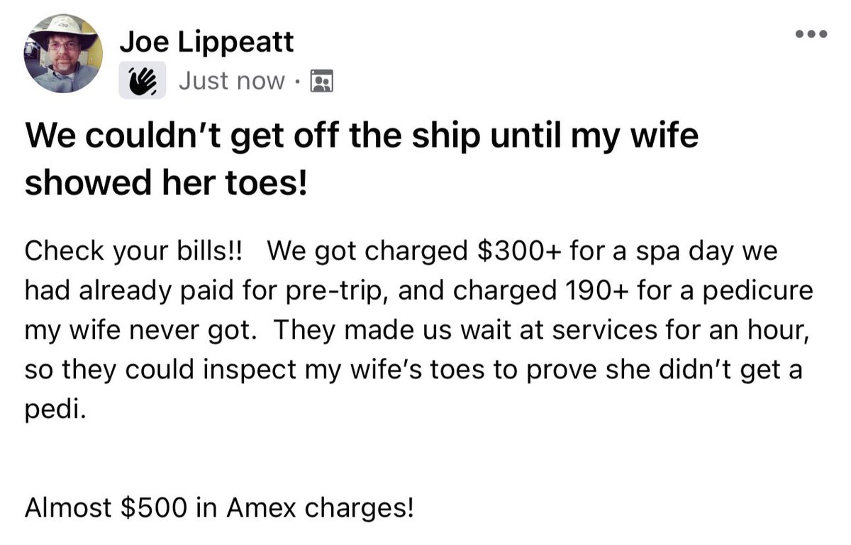 #RubyPrincess someone charged a pedi and products to our room.  Eric at cus servs shook his finger in my wife’s face saying the bill was “correct”. Had to show my wife’s feet at guest services to prove she didn’t get a pedi.  It was humiliating. @PrincessCruises