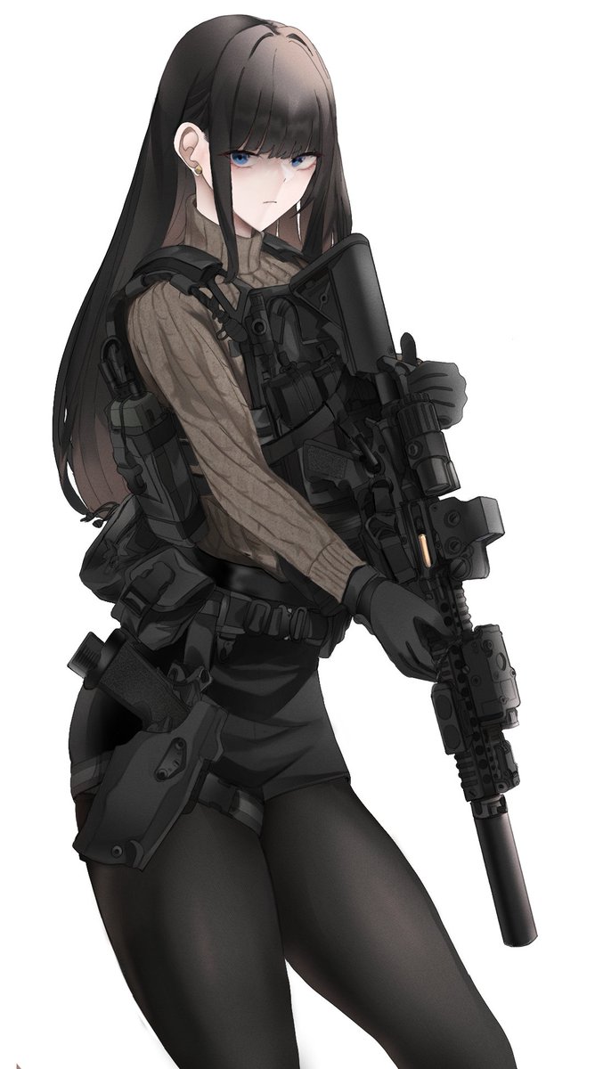 1girl assault rifle bangs black gloves black hair black pantyhose blue eyes  illustration images
