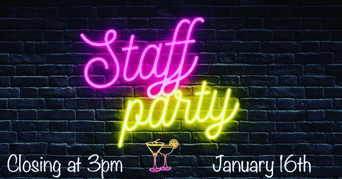 BoathouseFish's tweet photo. We will be closing early (3pm) Monday January 16th, to enjoy some time, snacks &amp; bevies with our amazing staff! 😊 https://t.co/js9BAQPK33