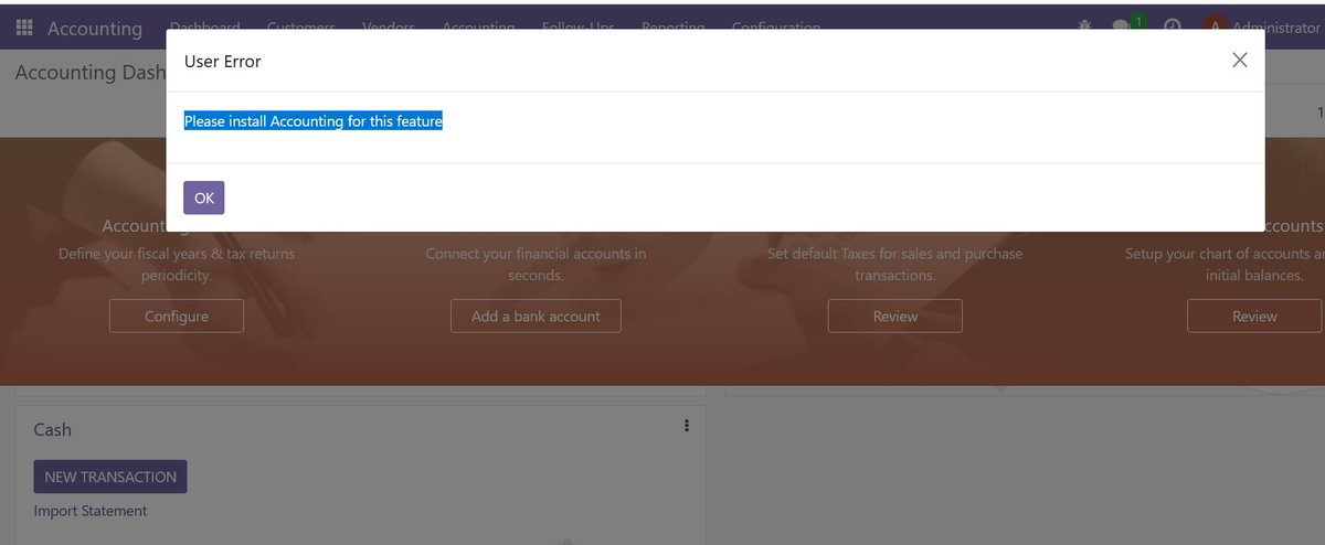 masrianhidayat's tweet photo. @odoomates I have install accounting modul, but when I Create Cash Statement in Accounting Dasboard got error like this, how to fix this? Thanks https://t.co/YrmrU8zvzU