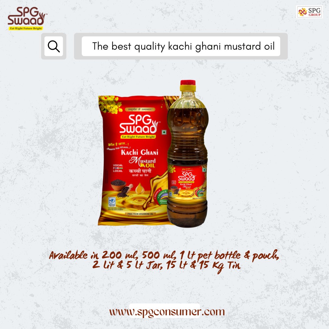 SpgConsumer's tweet photo. SPG Group’s most popular brand SPG Swaad has many variants of Kachi Ghani Mustard Oil available in bottle, pouch, jar &amp; tin.

#kgmo #kachighani #mustardoil #sarsonkatel #spgswaad #spggroup #gharkakhana #matarpaneer #fmcgproducts #fmcg #fattyacid #edibleoils #spicyfoods https://t.co/LU3BkoFqP1