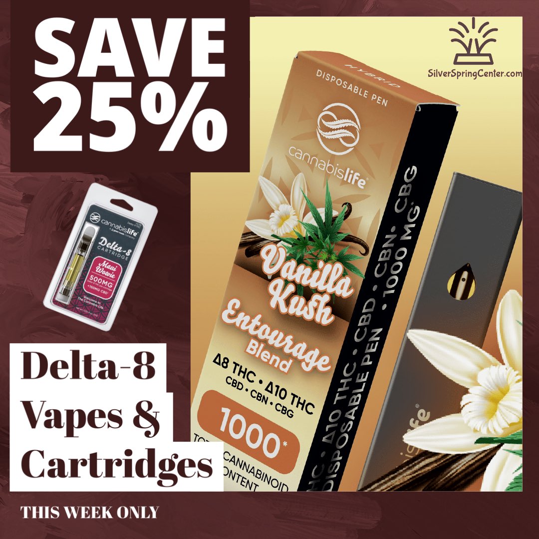 Save 25% Delta-8 Vapes & Cartridges 
This Week Only
Promo Code: SAVE25%VAPES
Sale Ends Saturday 1/21/23

silverspringcenter.com/delta-8-thc

#cbdsale #cannabis #cannabissale #relax #euporia #sundaymood 
#entourageeffect #vape #vapepens #vapecartridges #thc #delta8