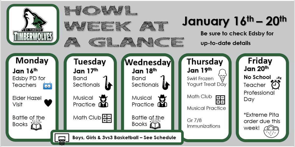 StTimothyRegina's tweet image. It’s a busy week Timberwolves! We have our Reading Challenge, basketball &amp;amp; musical 🎵practice, Battle of the Books, Math Club, Elder Hazel visiting &amp;amp; our Character Strong HOWL Leadership Assembly! 🙌Great week ahead! #TimberwolfProud